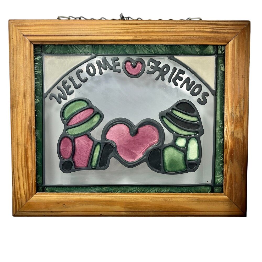 Vintage WELCOME FRIENDS Stained Glass Wood Sign Wall Door 70s Cottage Core